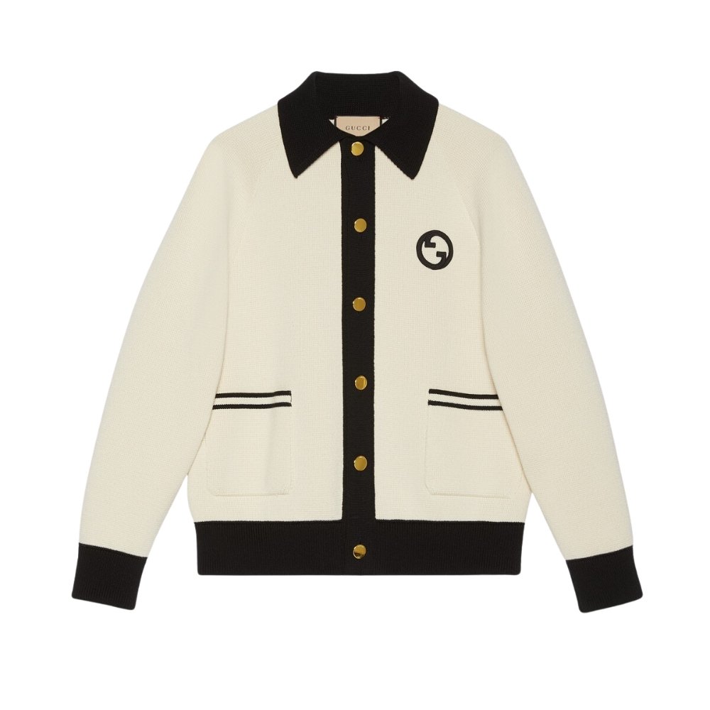 thumnail-1-7 Gucci Knit Cotton Wool Cardigan With Patch Beige - Image 1