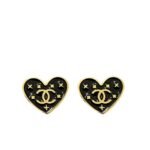 Chanel Metal Enamel Cc Heart Earrings Gold Black