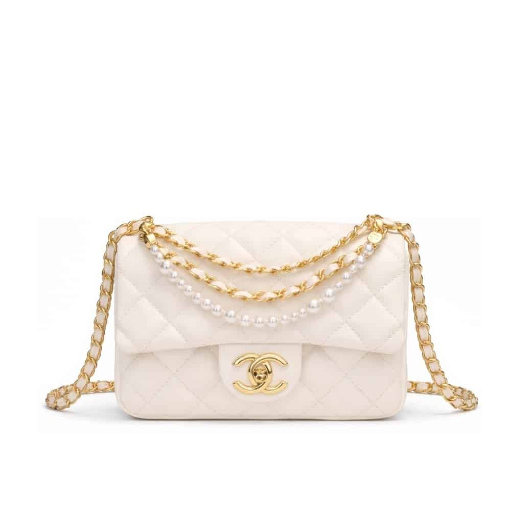 19-10 Chanel Mini Flap Bag Shiny Imitation Pearls And Gold Tone Metal White 17Cm AS4384 B15773 U2361 - Image 1