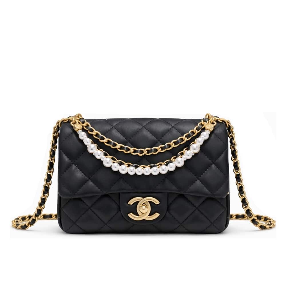 20-8 Chanel Mini Flap Bag Shiny Imitation Pearls And Gold Tone Metal Black 17Cm - Image 1