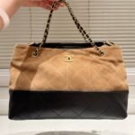 Chanel Shopping Bag Suede Leather Gold Tone Mental Beige And Black 36cm AS5657 B20827 U1536 - Image 2