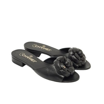 Chanel Camellia Slide Flat Sandals Black