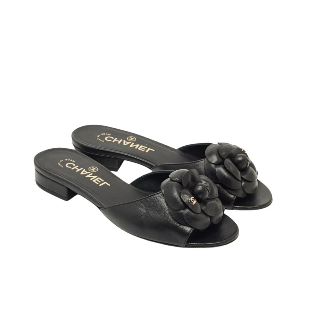 450-4 Chanel Camellia Slide Flat Sandals Black - Image 1