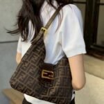 Fendi Zucca Baguette Canvas Leather Shoulder Bag Dark Brown 30cm - Image 7