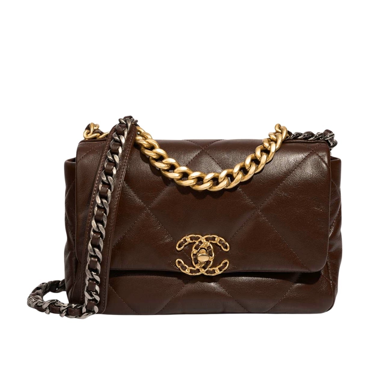 70-7 Chanel 19 Flap Bag Shiny Gold And Silver Tone Brown 20Cm - Image 1