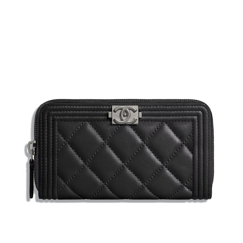 8-20 Chanel Boy Long Zipped Wallet Silver Hardware Black 19Cm - Image 1
