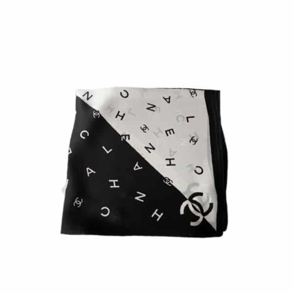 xr:d:DAFilrLVlt4:8,j:46917235270,t:23051107 Chanel Multi Letters Square Silk Scarf Black White - Image 1