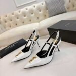Saint Laurent Pointed Toe Slingback Pumps With Gold Tone Metal White - Image 4