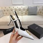 Saint Laurent Pointed Toe Slingback Pumps With Gold Tone Metal White - Image 6