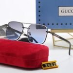 Gucci Square Gradient Vintage Gold Metal Sunglasses Blue - Image 2