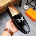 Hermes Men’S Loafer Moccasin Polish Leather With H Silver In Black - Image 3