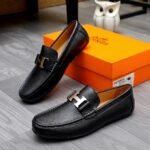 Hermes Men’S Loafer Moccasin Leather With H Silver Black - Image 4