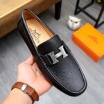 Hermes Men’S Loafer Moccasin Leather With H Silver Black - Image 3
