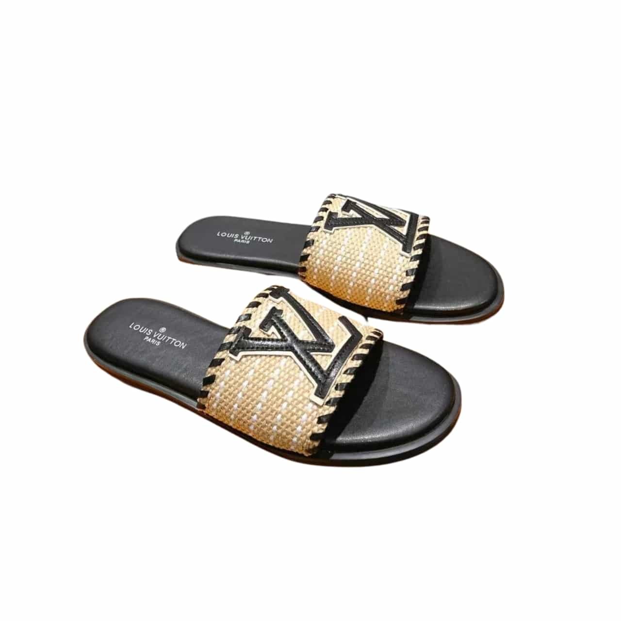 LV1-2-1 Louis Vuitton Lock It Flat Raffia Mules Black - Image 1