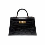 Hermes Mini Kelly Crocodile Gold-Toned Hardware Black 19Cm