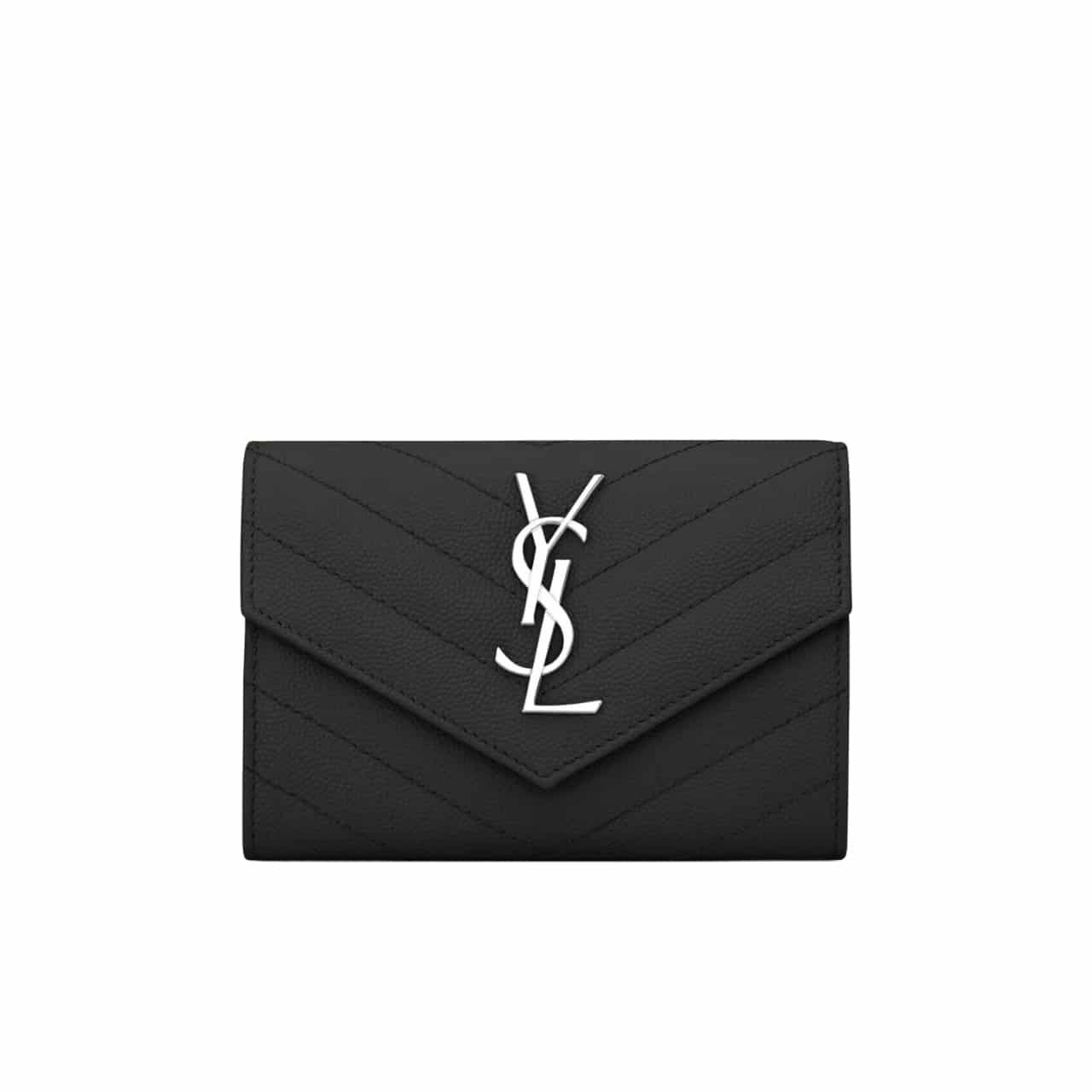 TBNB-9-2 Saint Laurent Cassandre Matelassé Small Envelope Wallet In Grain De Poudre Leather Black Silver 13Cm 414404Bow021000 - Image 1