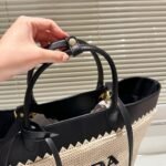 Prada Crochet And Leather Tote Bag Tan And Black 33Cm 1Bg499 2M2Q F0I55 V Goo - Image 5