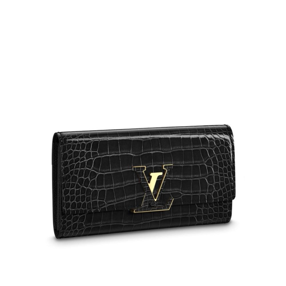 Thiet-ke-chua-co-ten-20 Louis Vuitton Capucines Crocodile Leather Long Wallet Black 20cm - Image 1