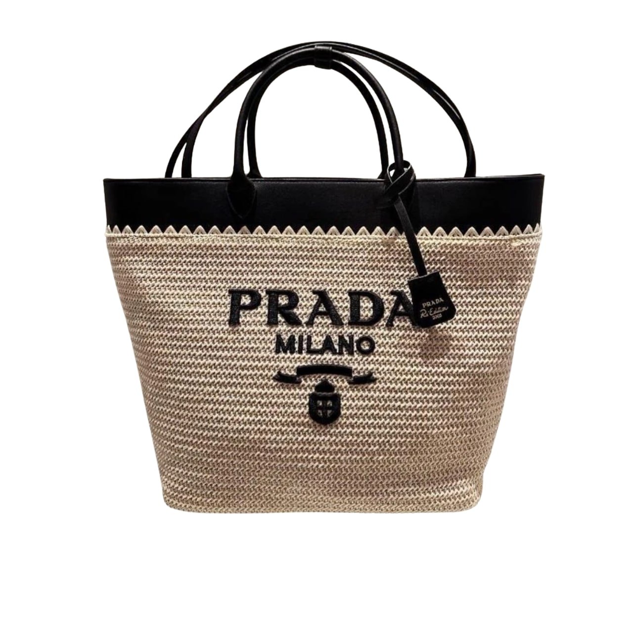 Thumbnail-1-3-2 Prada Crochet And Leather Tote Bag Tan And Black 33Cm 1Bg499 2M2Q F0I55 V Goo - Image 1