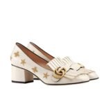 Gucci Marmont Embroidered Leather Mid Heel Pump Bee Star White 551548 D3v00 9022