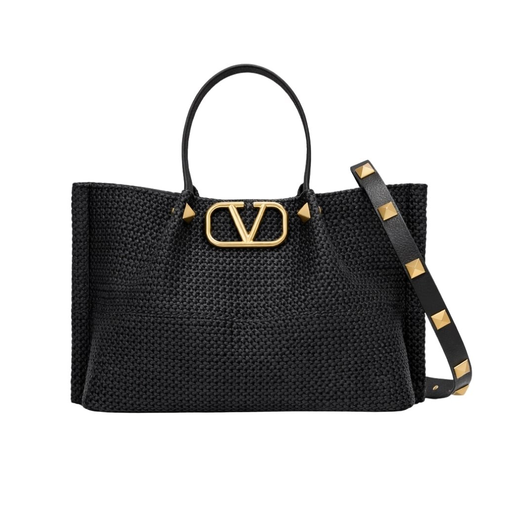 Thumbnail-27-5 Valentino Garavani Medium Straw Summer Tote Black 35Cm - Image 1