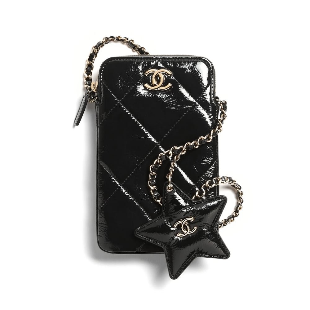 Thumbnail-4-11 Chanel Phone Holder With Chain Shiny Crumpled And Gold Tone Metal Black 18Cm Ap4777 B21296 94305 - Image 1