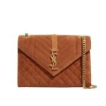 Saint Laurent Envelope Medium Matelassé Suede Shoulder Bag Brown 24Cm