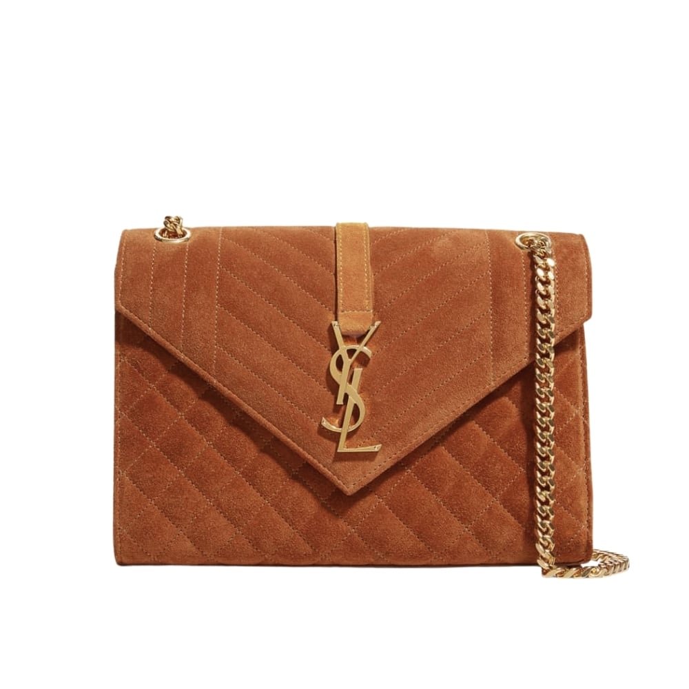 Thumbnail-7 Saint Laurent Envelope Medium Matelassé Suede Shoulder Bag Brown 24Cm - Image 1
