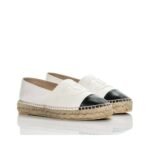 Chanel CC Embroidered Espadrille Leather Black Cap Toe Flats White