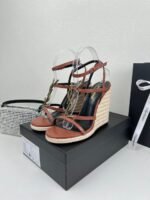 Saint Laurent Cassandra 115 Leather And Raffia Wedge Brown Sandals - Image 2
