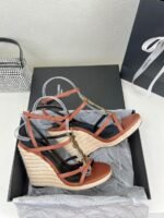 Saint Laurent Cassandra 115 Leather And Raffia Wedge Brown Sandals - Image 4